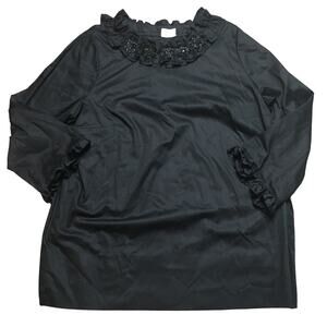 Rungolee Womens Beaded Embellished Floral Ruffled Tunic Blouse Black Relaxed Fit